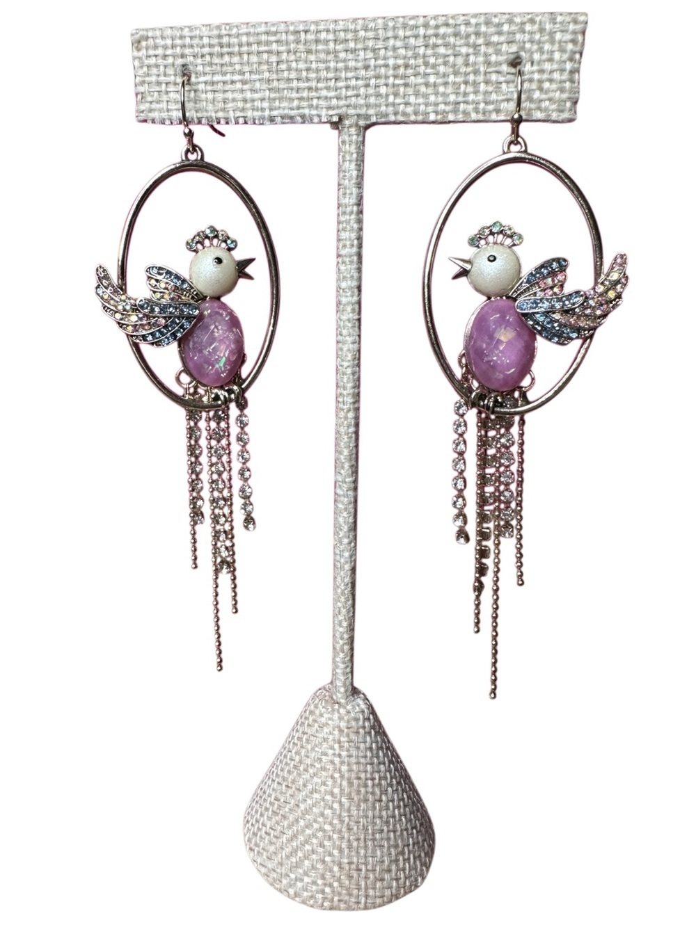 Betsey Johnson Vintage Lavender Crystal Bird Drop Earrings with Silver Chains